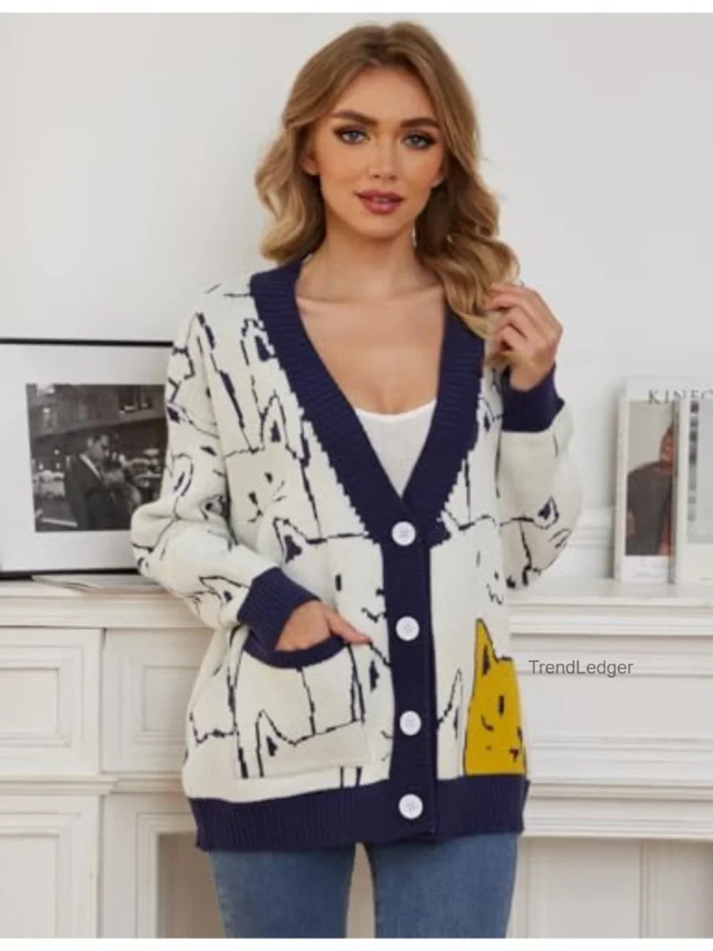 Oversized V-Neck Cat Print Cardigan - Kawaii Cute Knit Sweater for Women